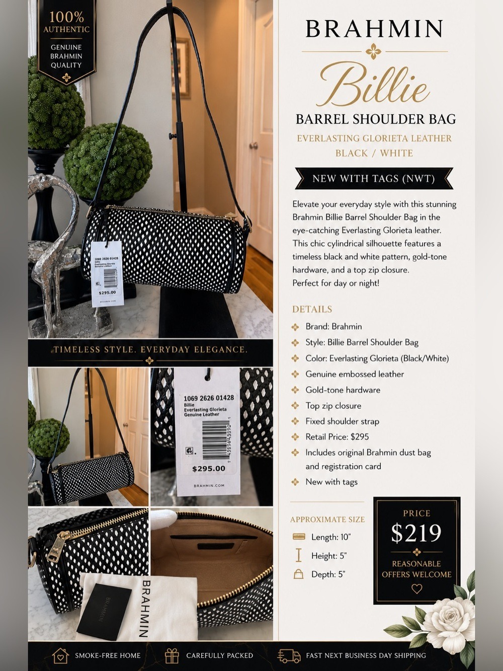 NWT Brahmin Billie Barrel Shoulder Bag Everlasting Glorieta Leather Black White
